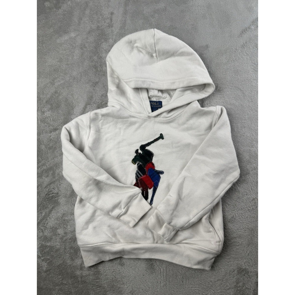 Polo Ralph Lauren Boys Size 6 White Hoodie Big Pony Patch Logo Pullover